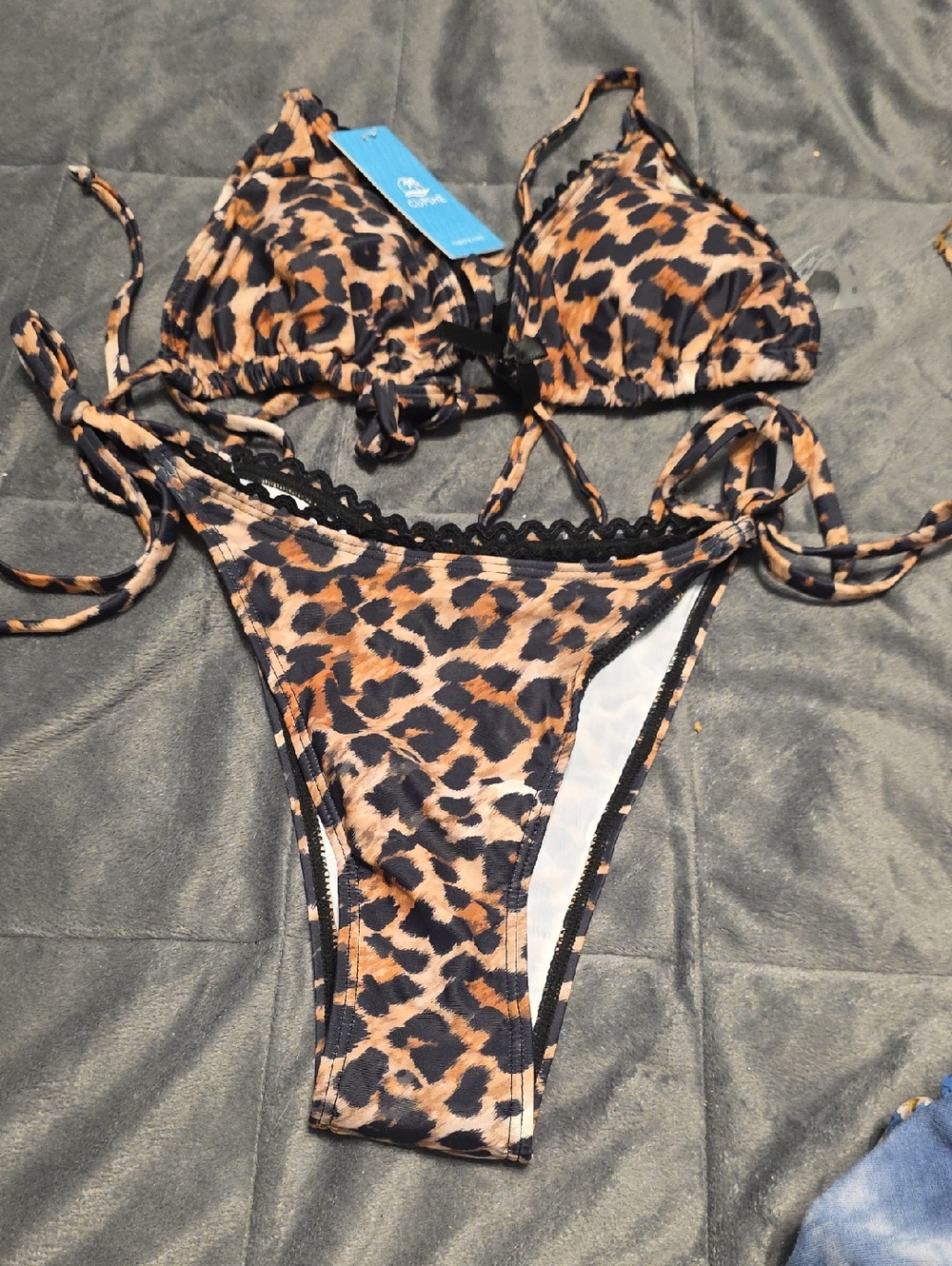 Leopard Print String Bikini Set - Triangle Top & Tie-Side Bottoms